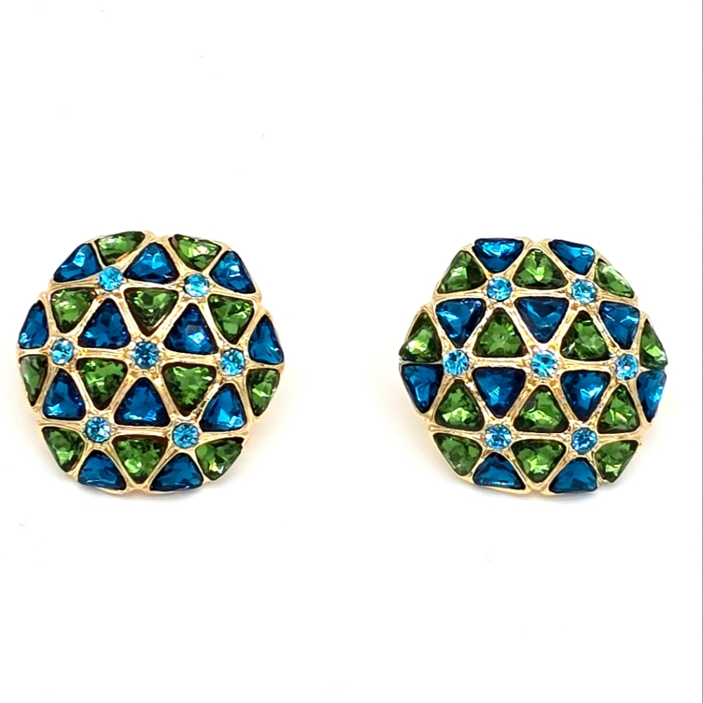 Large Crystal Earring Blue and Green Gold Tone Pierced Ears. New